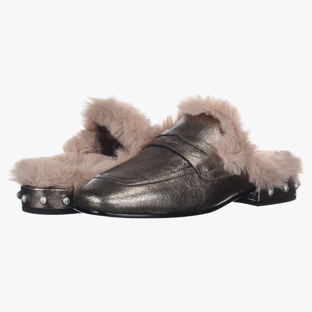 Ash Silver Metallic Fur-Trimmed Flats